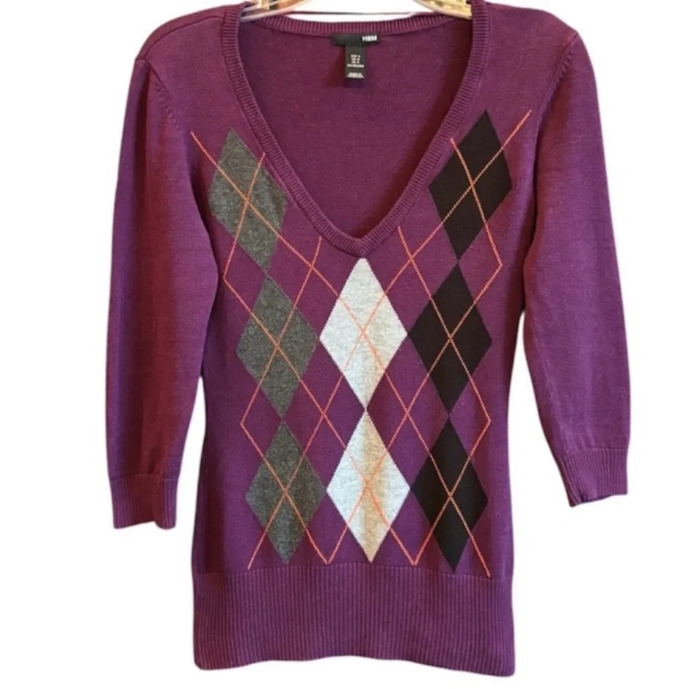 Vintage Argyle Sweater Knit 90s Y2K Pattern V-Neck Jumper Purple Gray Size Small